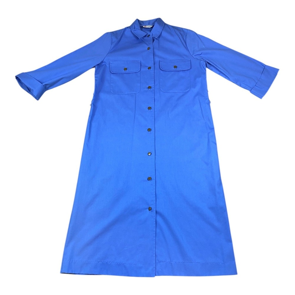 VTG 90s Shirt Dress Size 12 Blue Cotton Button Front Pockets‎ 3/4 Sleeves
